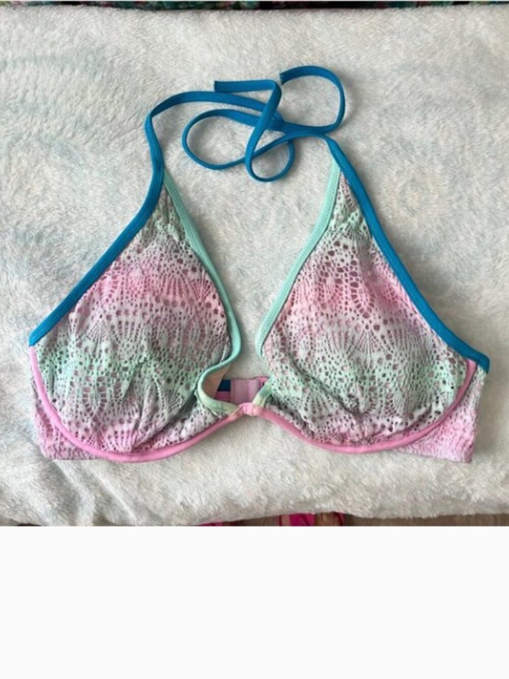 Victoria's Secret The High Tie Halter Bikini Top 34DD Crochet Lace Mesh Pastel